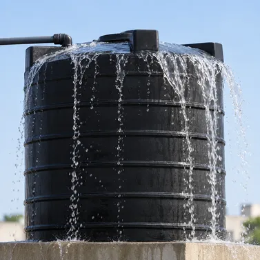 Water pouring over the top of a full black water tank
