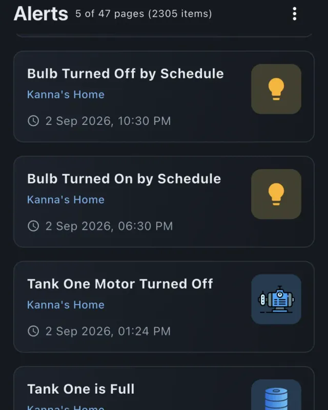 The SwitchFlo alerts log, 2305 entries deep: Bulb Turned Off by Schedule, Bulb Turned On by Schedule, then Tank One Motor Turned Off and Tank One is Full, each entry timestamped