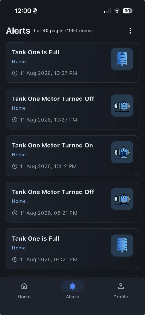 SwitchFlo alerts list showing Tank One is Full and Tank One Motor Turned Off, each with a date and time