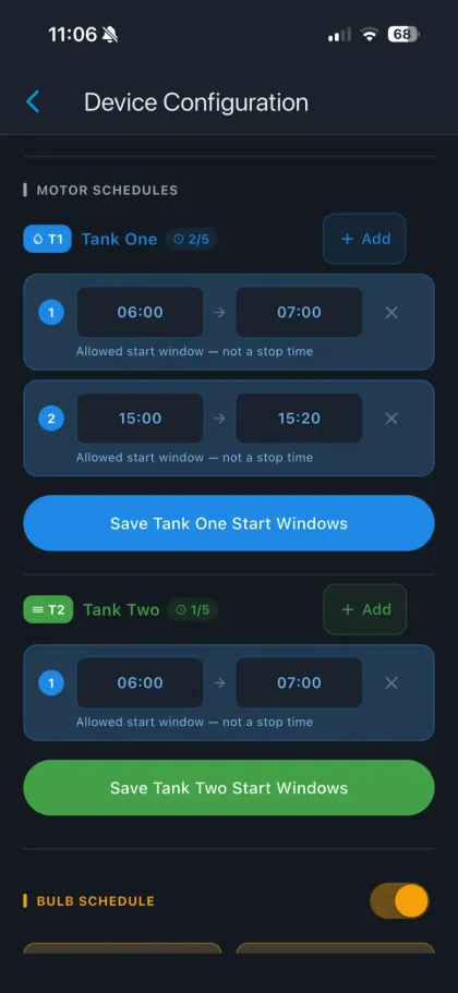 SwitchFlo app configuration screen showing motor start windows for two tanks and a SmartSwitch schedule