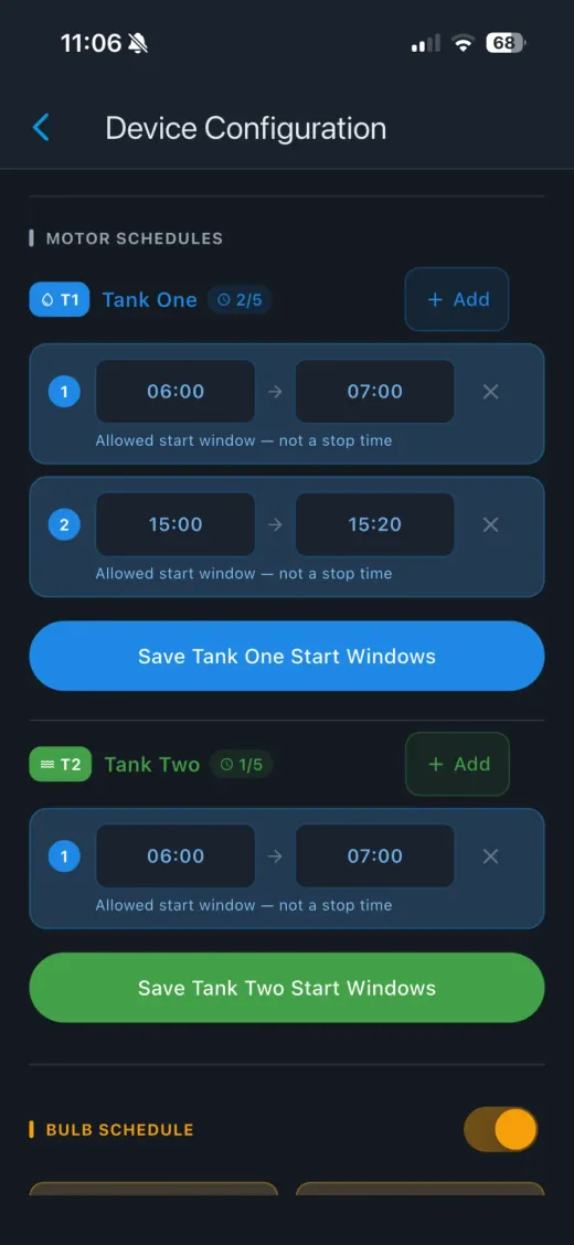 SwitchFlo app device configuration screen with motor schedules: two allowed start windows for Tank One and one for Tank Two, plus a bulb schedule toggle