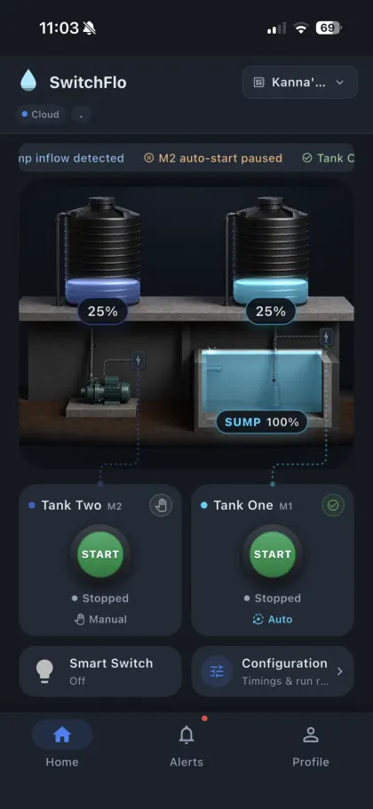 SwitchFlo app home screen showing two overhead tanks at 25 percent, a sump at 100 percent, and start controls for both motors