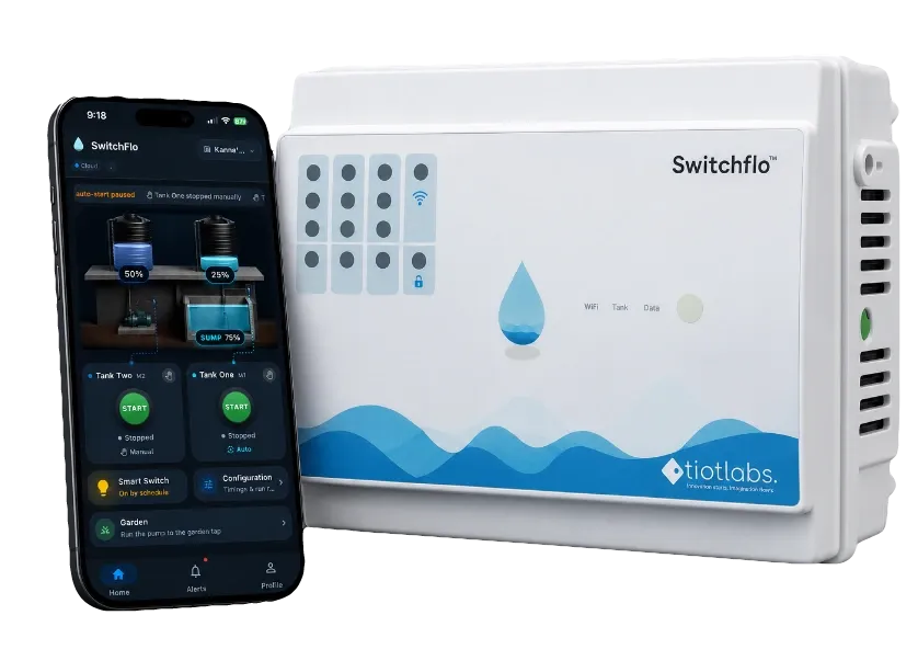 The SwitchFlo water level controller and the SwitchFlo app on a phone, in front of a modern house at dusk