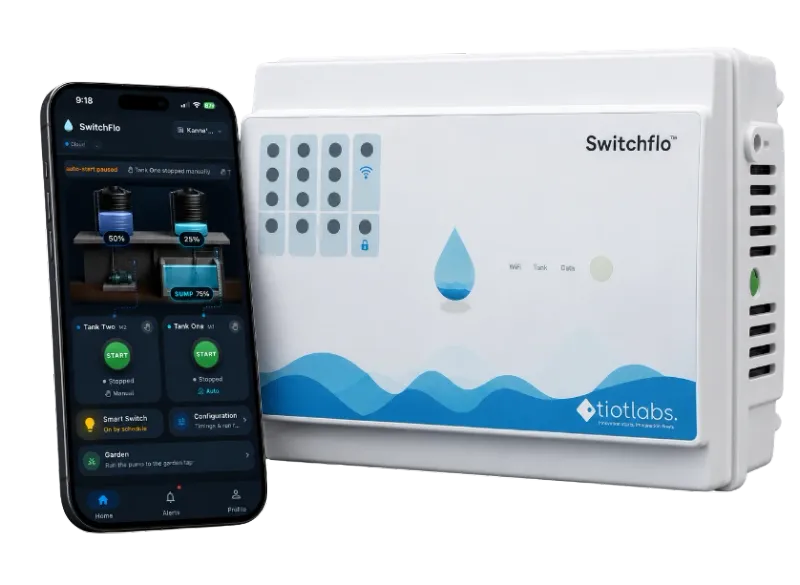 The SwitchFlo controller beside the app showing live levels for two tanks and a sump