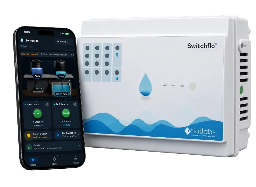 The SwitchFlo controller beside the app showing live levels for two tanks and a sump