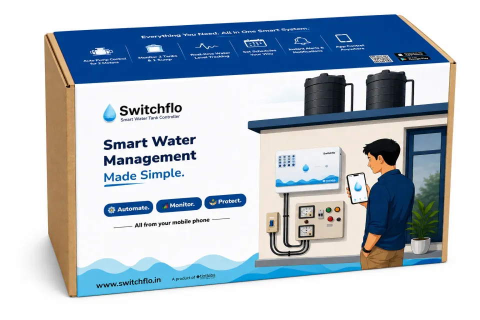 The SwitchFlo box, showing the controller mounted beside a motor starter and controlled from the app